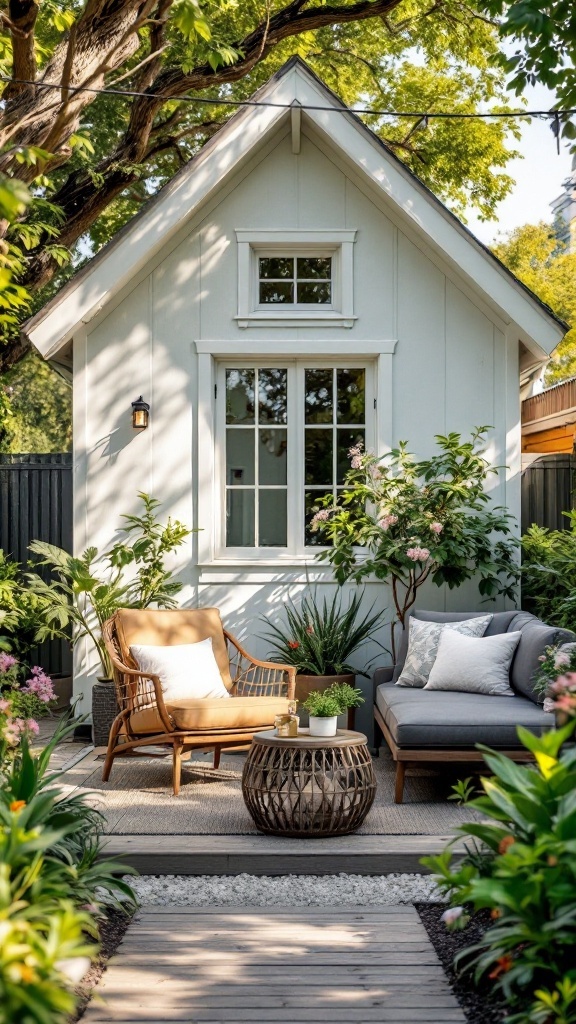 A stylish outdoor seating area with a small table amidst lush greenery.