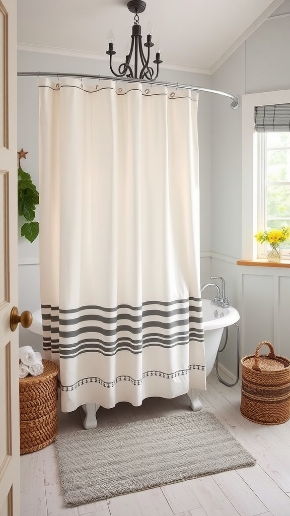 A cozy farmhouse bathroom with a chic shower curtain featuring bold text