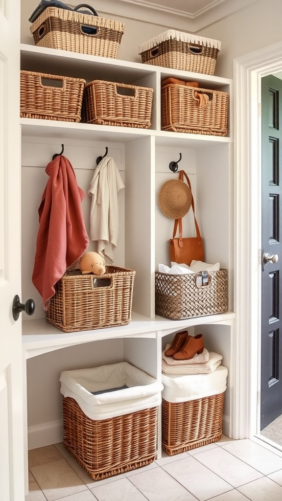 A stylish arrangement of storage baskets and plants on a shelf.