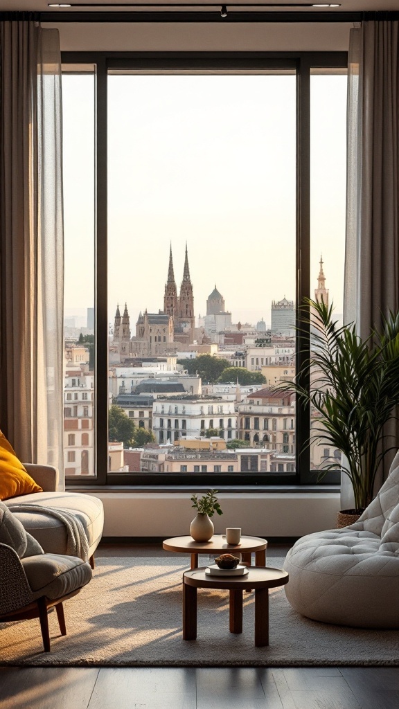 Stylish urban apartment interior with a view of Barcelona.