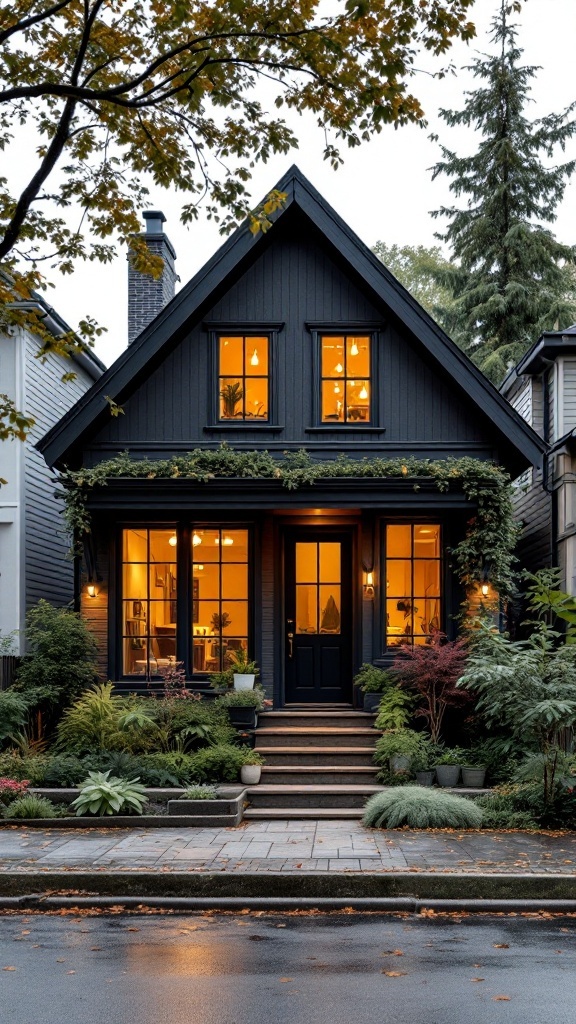 A modern cottage with a dark exterior and warm-lit windows surrounded by greenery.