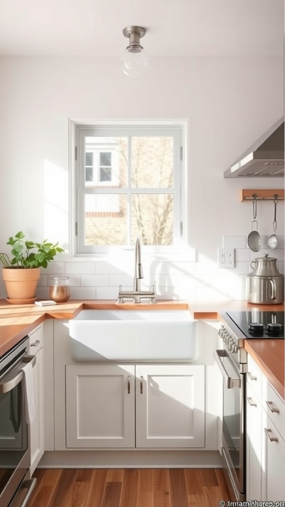 A stylish small kitchen featuring a farmhouse sink with white cabinetry and wood countertops.