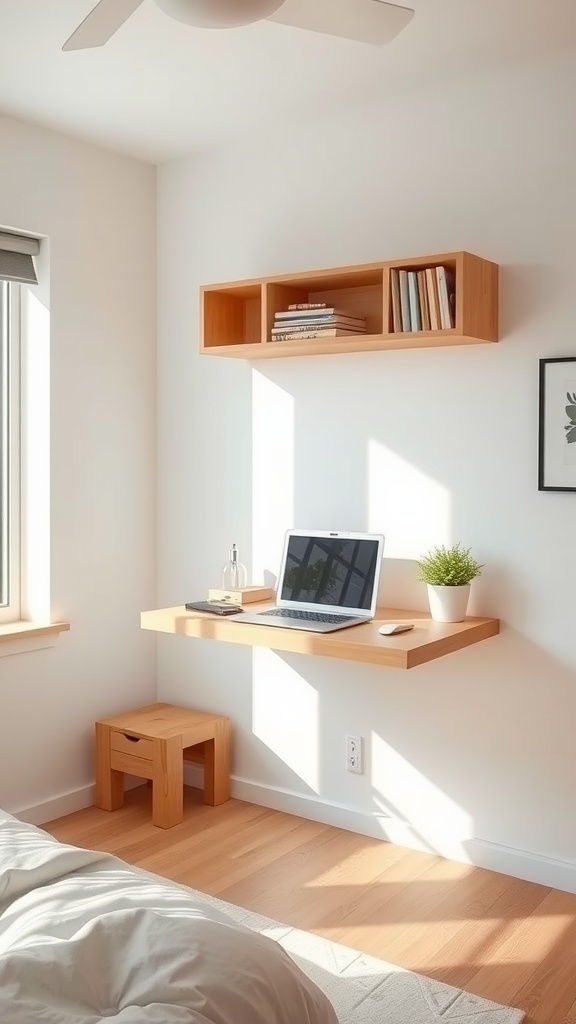 A small bedroom with a floating desk, laptop, and shelf above.