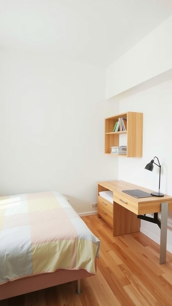 A small bedroom featuring a bed and a desk with shelves, showcasing a minimalist design.