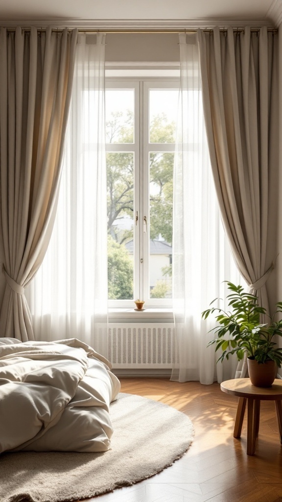 Bright and airy bedroom with light curtains and a cozy atmosphere