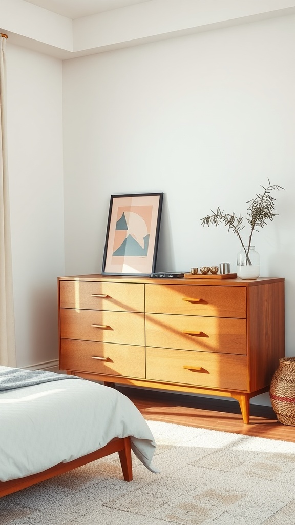 Mid-century dresser in a bright bedroom setting