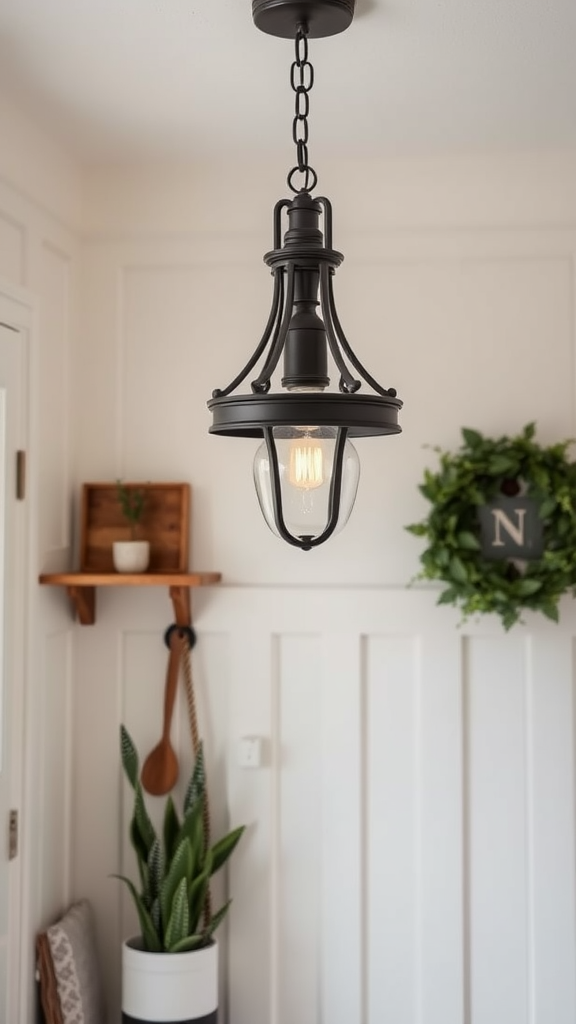 A classic farmhouse style hanging light fixture in a cozy room setting.