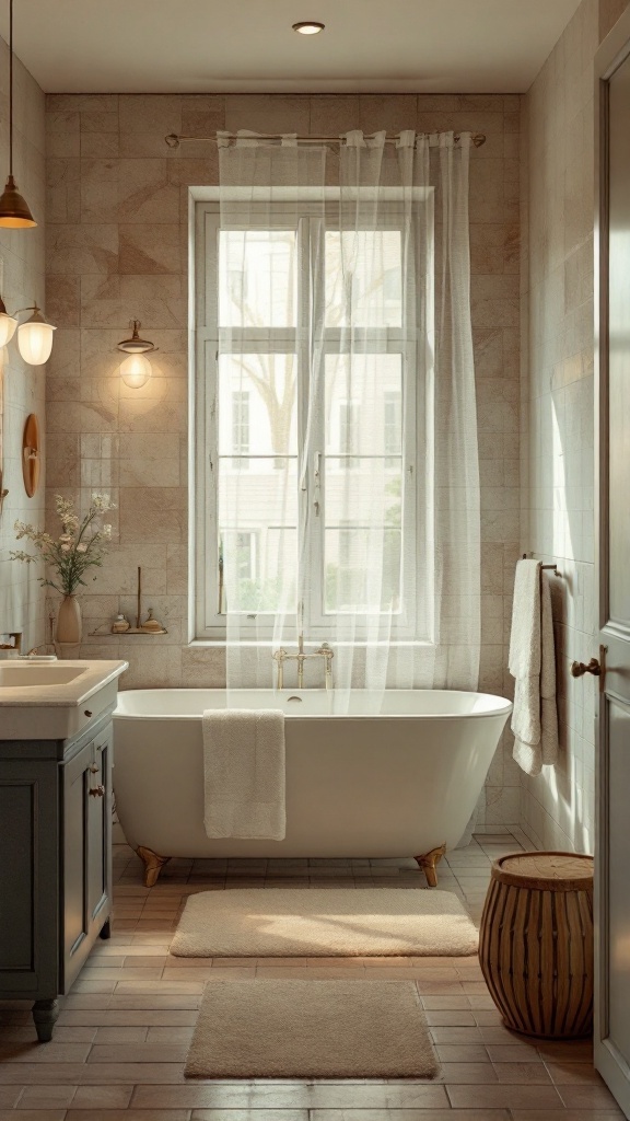 A stylish 70s inspired bathroom featuring a freestanding bathtub, warm lighting, and elegant tiles.