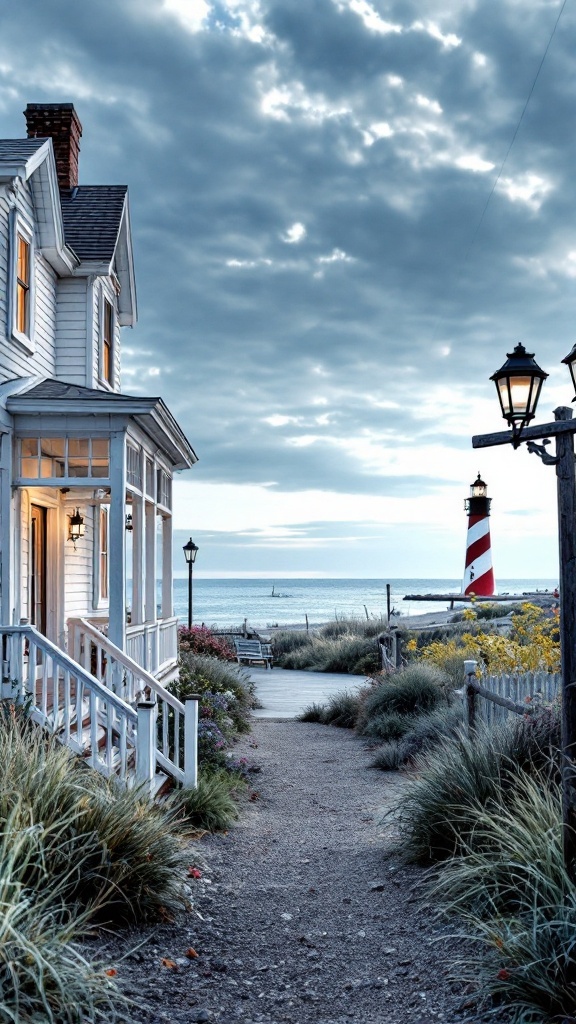 A classic shingle style home with a scenic beach view and a lighthouse in the distance.