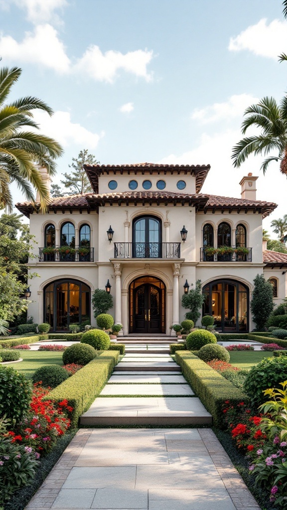 A classic Spanish mansion with a grand entrance surrounded by lush landscaping.