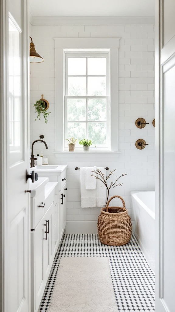 Cozy farmhouse bathroom with classic white fixtures and natural decor