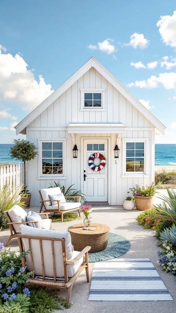 A cozy coastal cottage with a welcoming porch and garden, overlooking the beach.