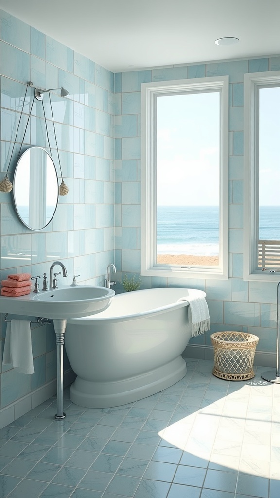 A coastal-themed bathroom featuring light blue tiles, a freestanding tub, and a view of the ocean.