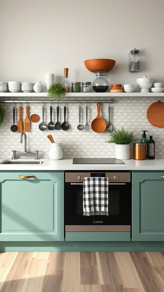 A modern kitchen with turquoise cabinets, stylish utensils, and decorative items on display.