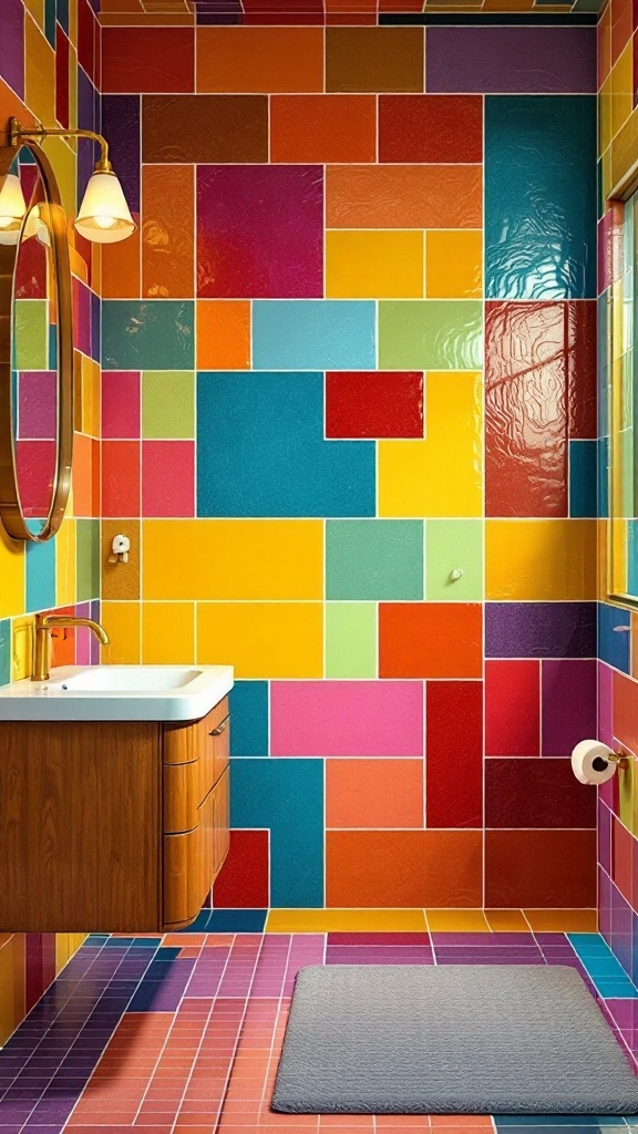 A vibrant bathroom featuring color-blocked tiles in various shades, with a wooden vanity and a round mirror.