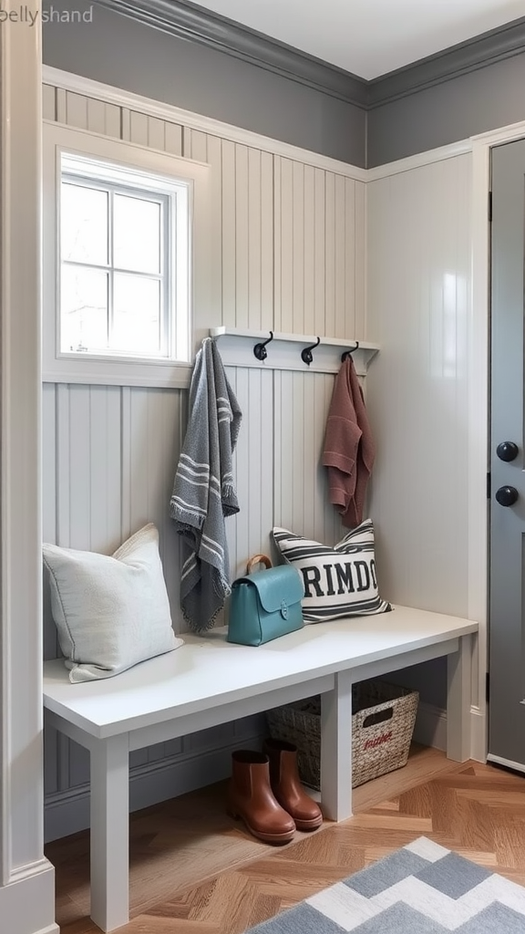 A cozy entryway with a bench, hooks for hanging items, and a mixture of gray and earthy tones.