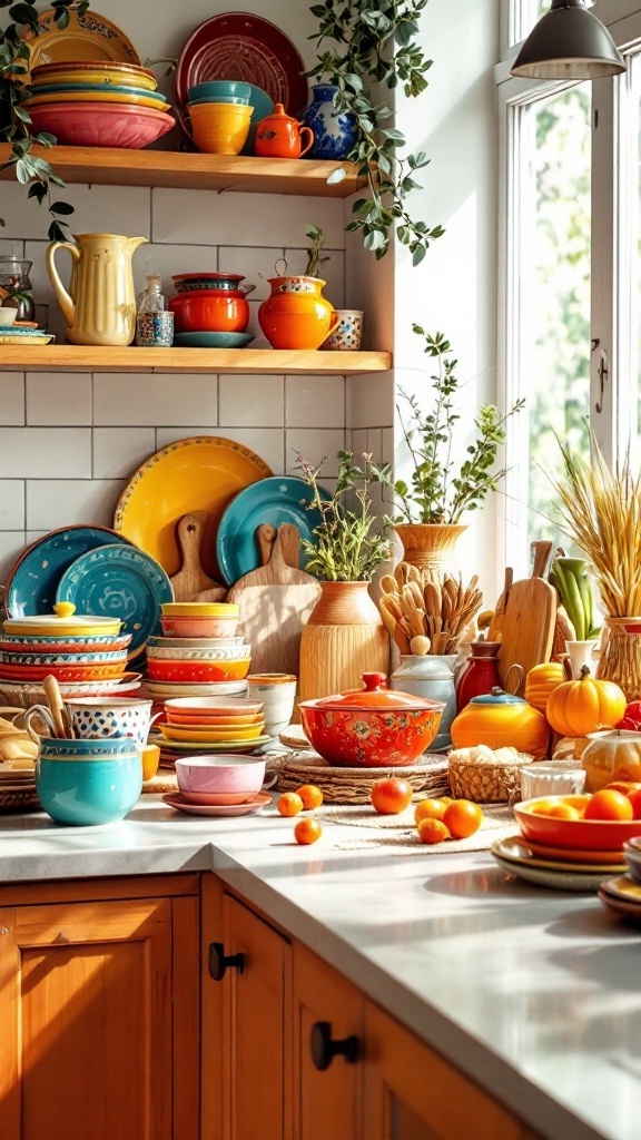 A kitchen countertop decorated with colorful ceramic dishes, bowls, and plates.