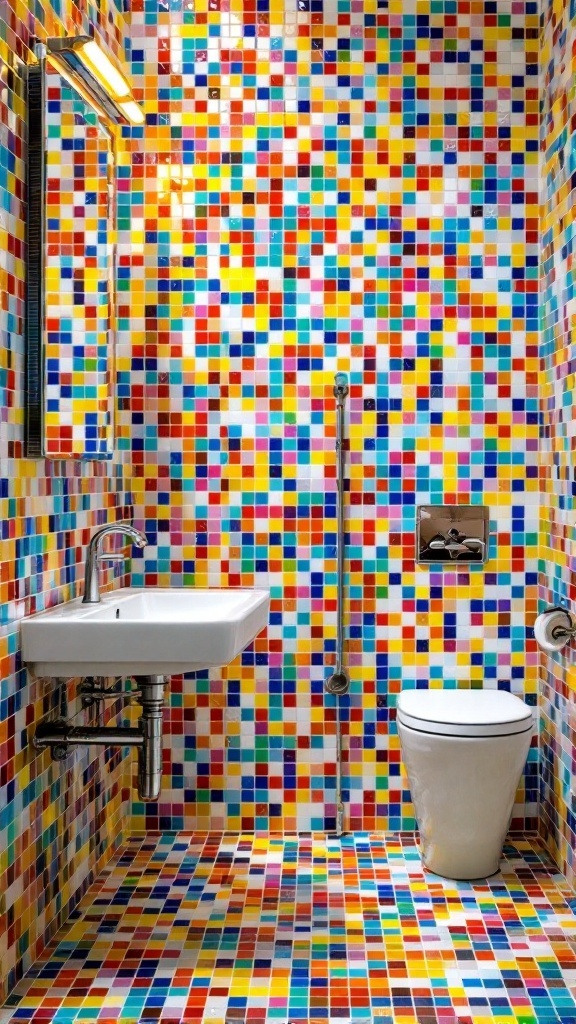 A vibrant bathroom featuring colorful mosaic tiles on the walls and floor.