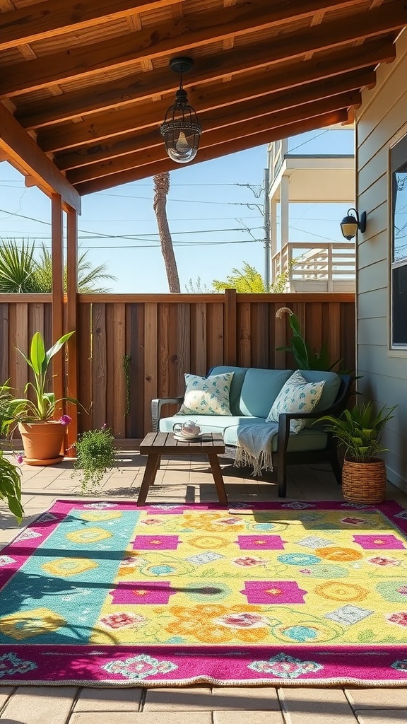 A vibrant outdoor rug in a cozy patio setting with seating and plants