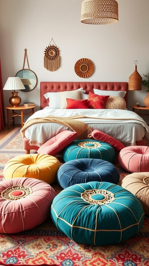 A cozy bohemian bedroom decorated with colorful poufs and cushions in various shapes and colors.