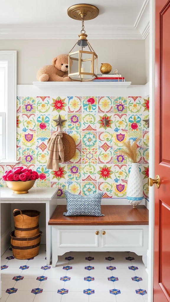 A bright and colorful tile backsplash featuring floral patterns, complemented by a cozy entryway decor.