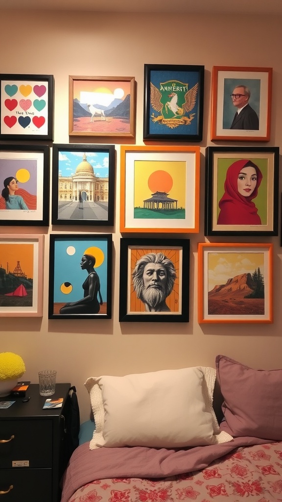 A vibrant wall art gallery with various framed artworks in different styles and colors.