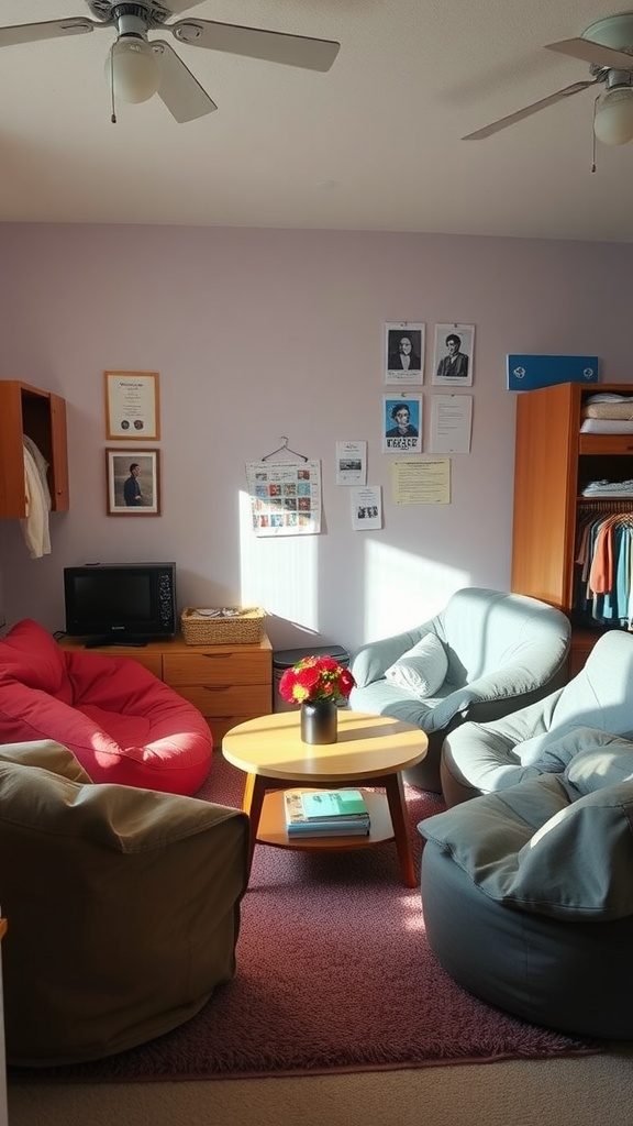 A cozy lounge area in a dorm with bean bags, comfy chairs, and a coffee table.