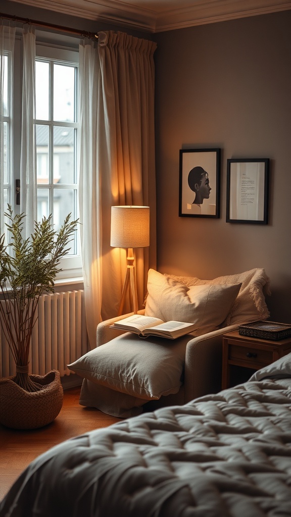 A cozy reading nook featuring a comfortable chair, a book, and a warm lamp, surrounded by soft curtains and a plant.