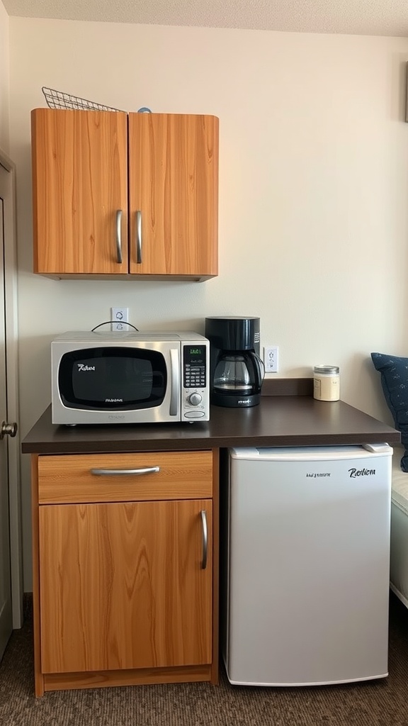 A compact kitchenette setup featuring a microwave, coffee maker, and mini-fridge.