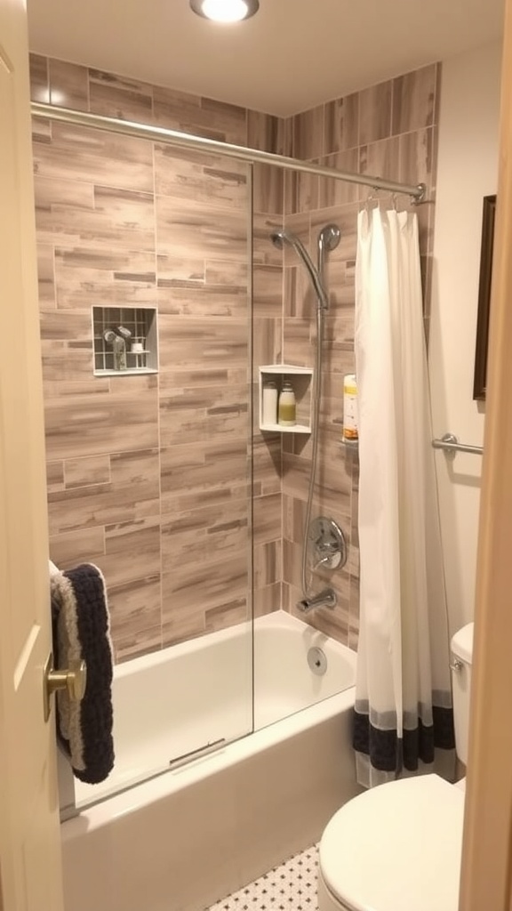 Small bathroom featuring a shower-tub combo with modern fixtures