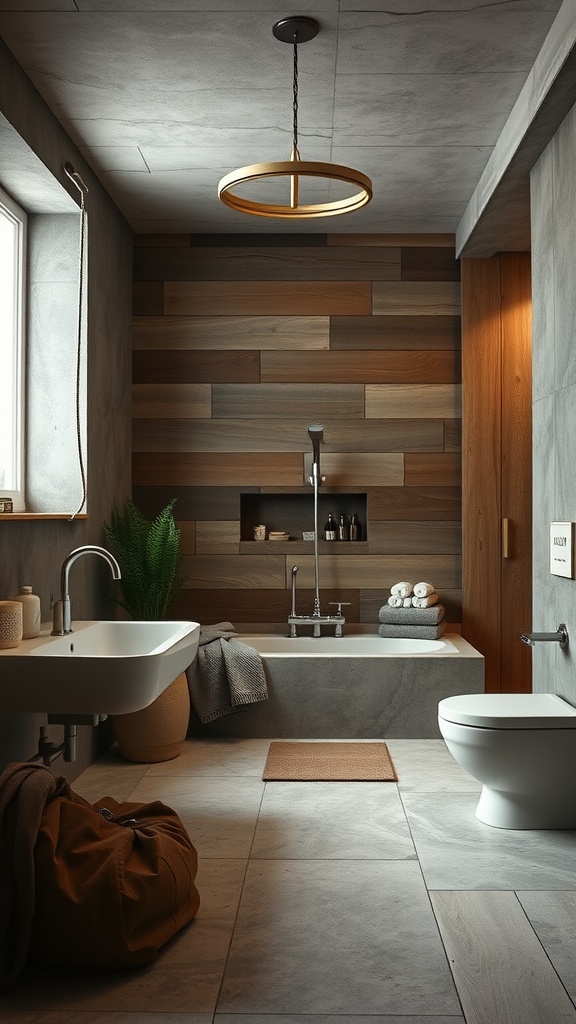 A rustic wet room featuring a combination of concrete and wood finishes.