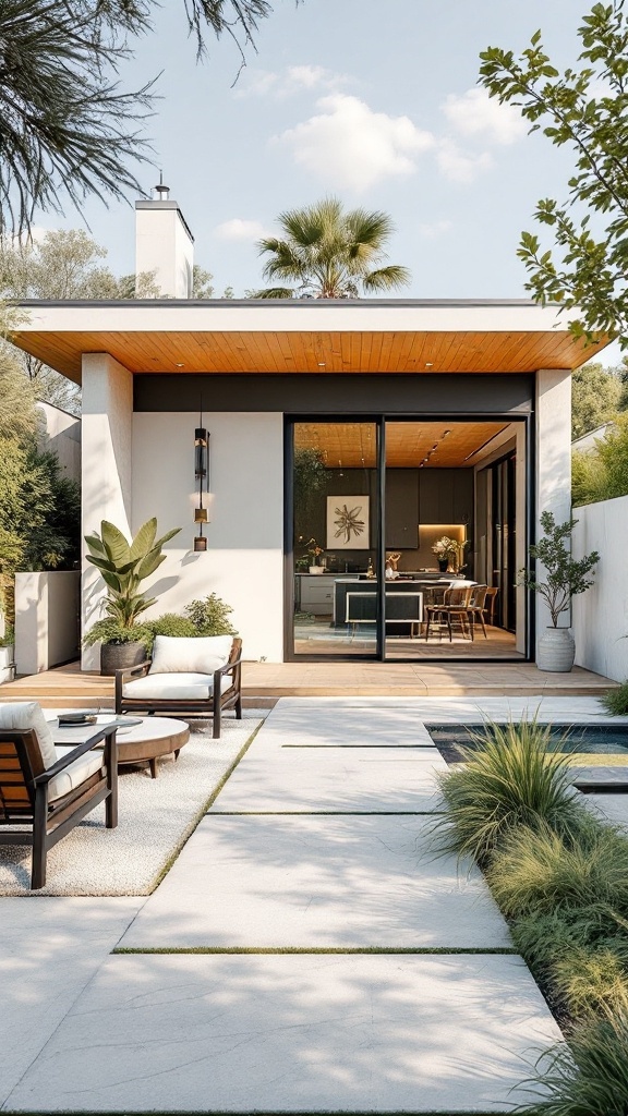 A charming modern cottage with sleek lines, wood accents, and a welcoming outdoor space.