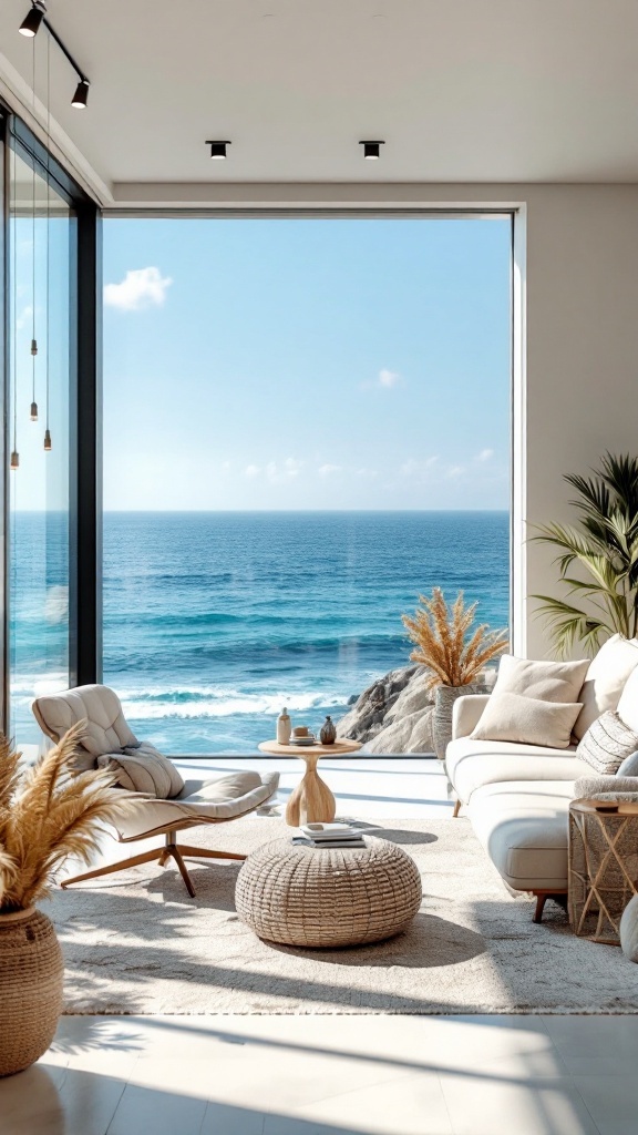 A contemporary coastal penthouse living room with ocean views, featuring soft colors and natural materials.