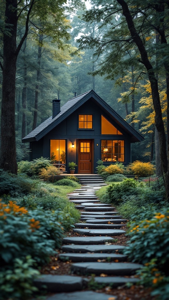 Charming modern cottage in a wooded area with warm lights and a stone pathway.