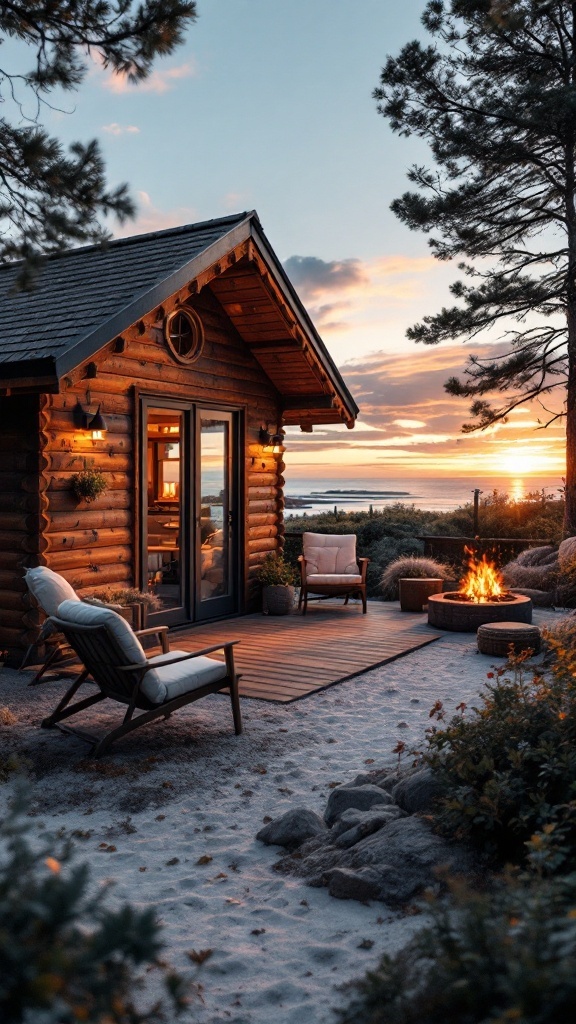 Cozy beachside cabin with wooden exterior and outdoor seating by a fire pit