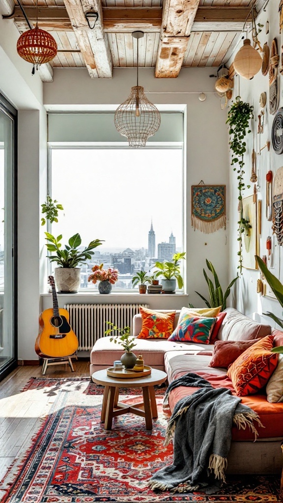 A cozy bohemian-style living room with colorful cushions, plants, and a view of the city