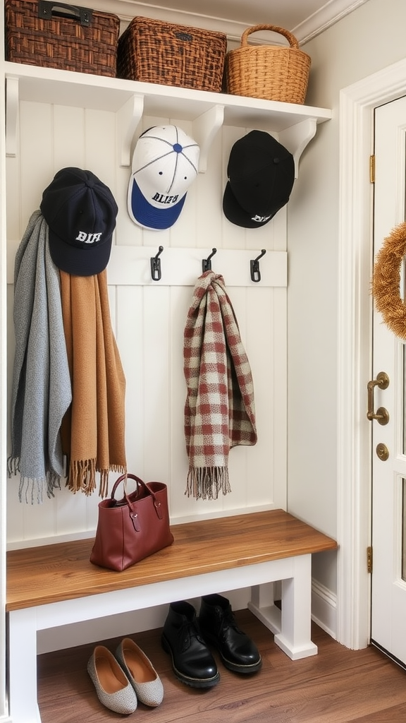 A well-organized entryway with caps and scarves hanging on hooks, showcasing neat storage solutions.