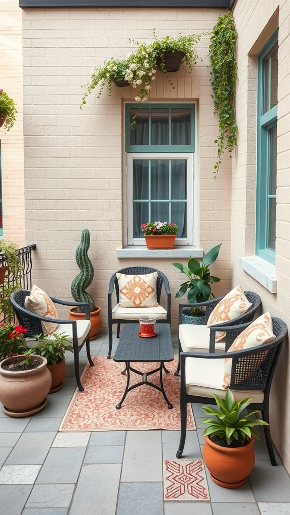 Cozy corner seating area on a townhouse patio with plants and decorative cushions.