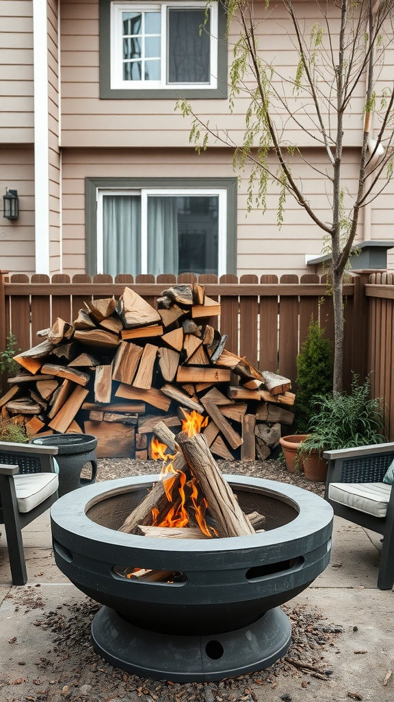 A cozy patio with a fire pit and neatly stacked firewood in the background.