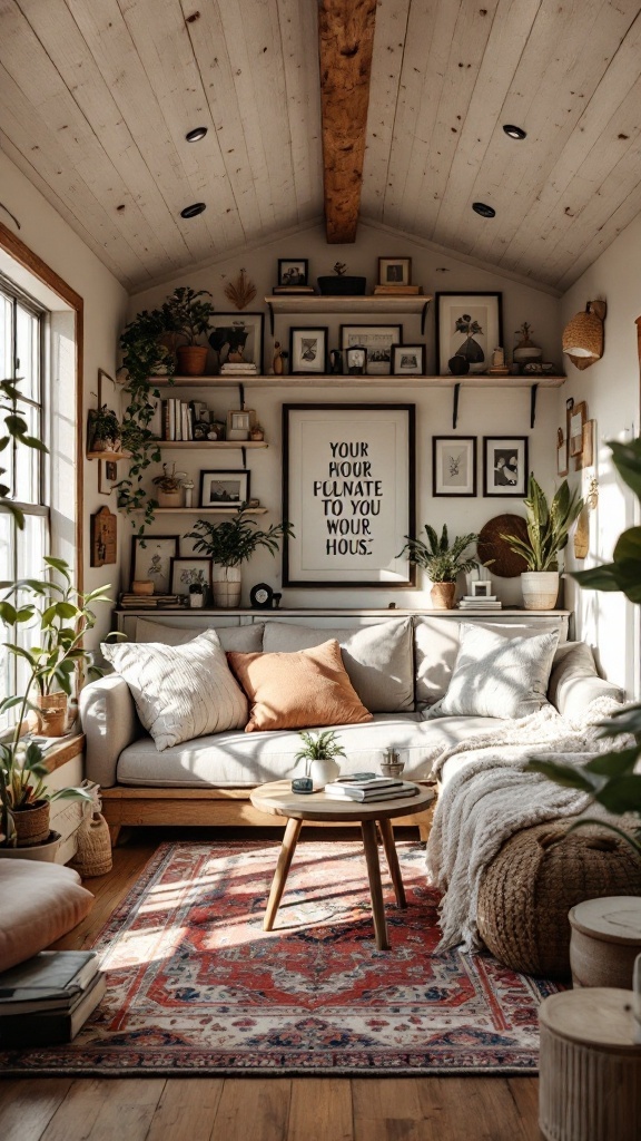 Cozy tiny house interior with a couch, plants, and decorative elements