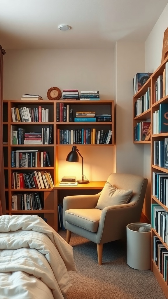 Cozy reading nook with bookshelves and a comfortable chair