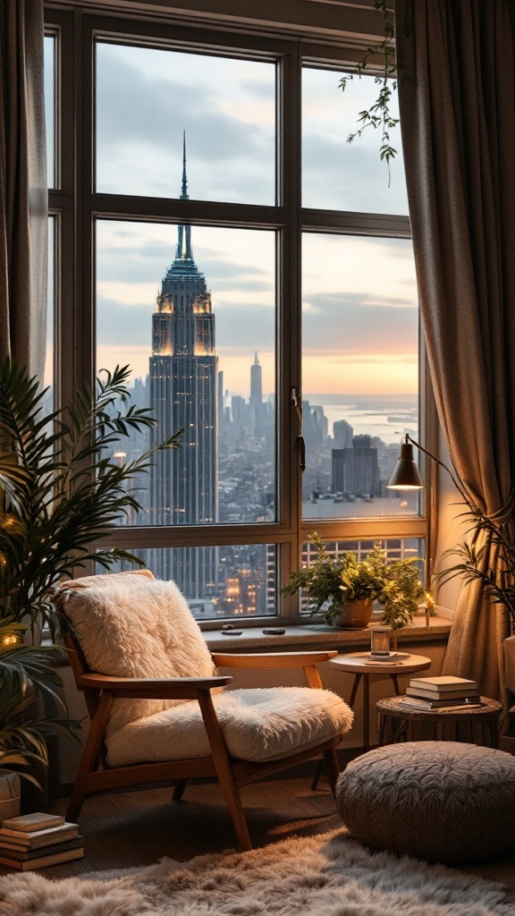 A cozy reading nook by a large window with a view of the city skyline.