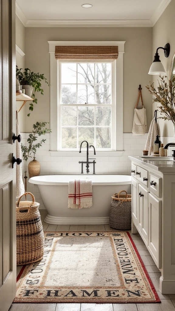 A cozy farmhouse bathroom featuring a stylish rug under a bathtub.