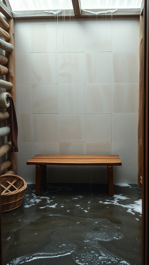 A rustic wooden bench in a wet room with bubbles and a woven basket.