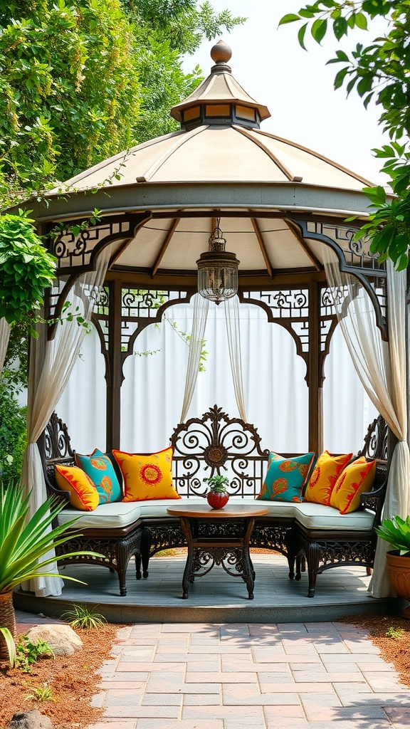 Cozy seating area in a gazebo with colorful cushions and a small table.