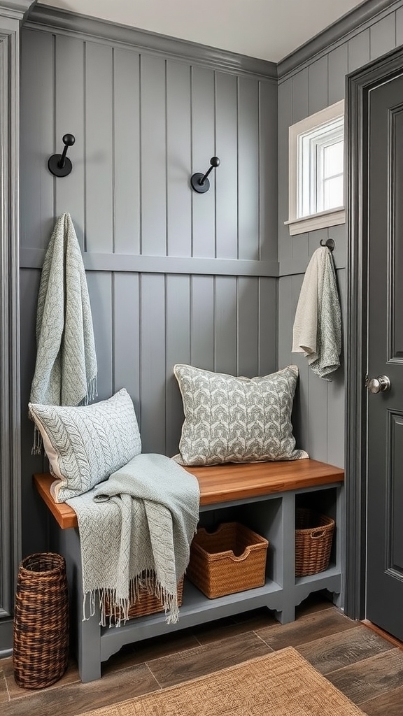 A cozy entryway featuring a bench with soft pillows and a throw, complemented by stylish hooks and woven baskets.