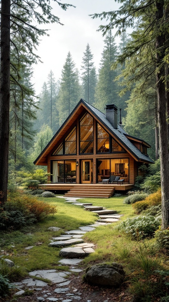 A modern cottage house surrounded by trees and a stone pathway.