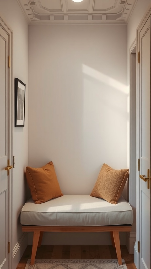 Cozy nook with built-in seating and cushions in a narrow space