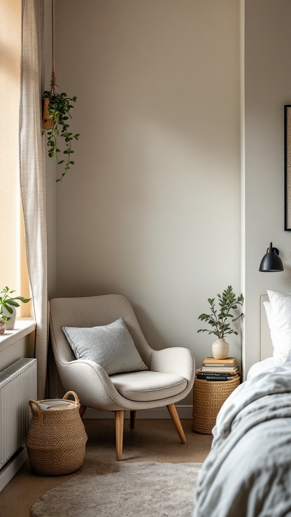 Cozy reading nook in a small bedroom with a chair, plants, and books