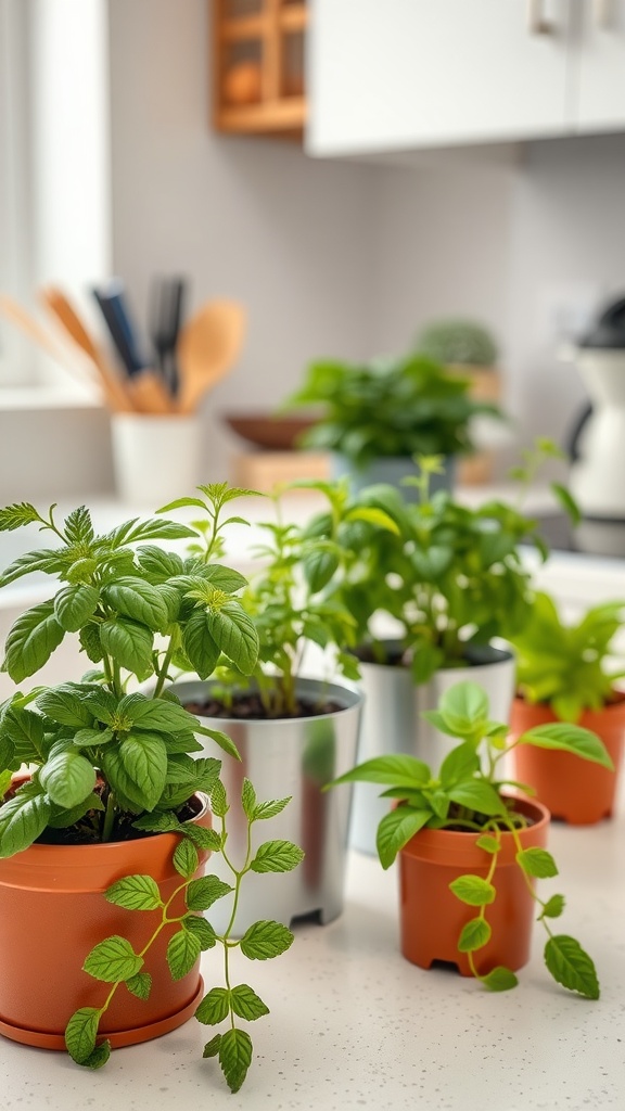 A mini herb garden with various pots of green plants on a kitchen countertop